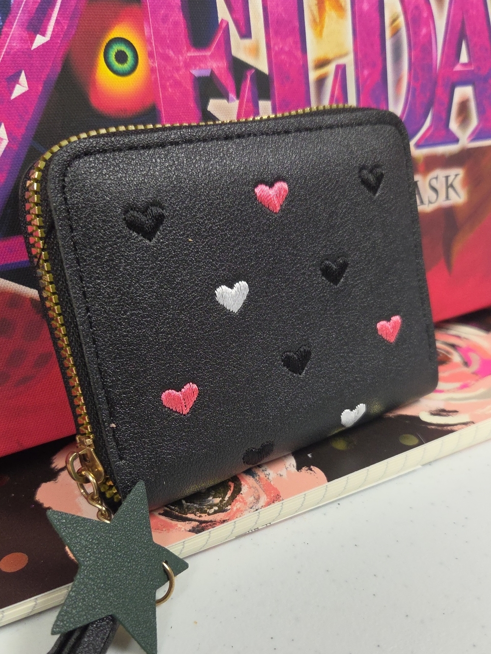 Black Heart-Embroidered Zip Wallet - Pink & White Accents